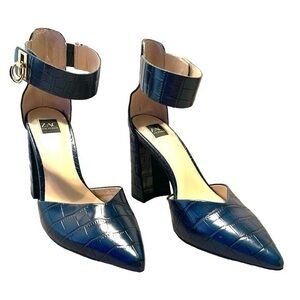 New Zac Zac Posen D’Orsay Pumps Heels Embossed Leather Snake Print Blue Size 7.5